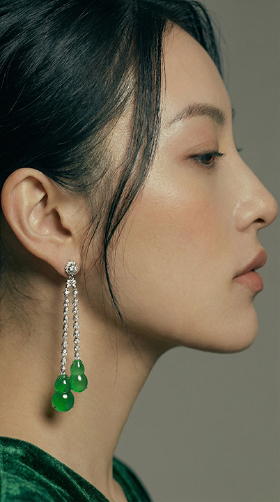 【满绿福禄】Imperial Green Jadeite hulu (Gourd) Diamond Drop Earrings