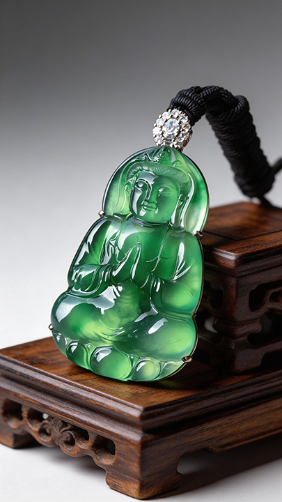 【靜心觀音】High-Ice Full Green Jadeite Guanyin Pendant