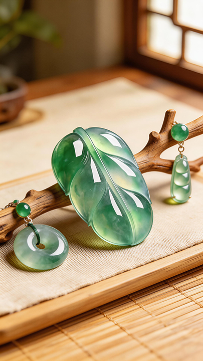 【半山凝翠·金枝玉葉】High-Ice Vibrant Green Jadeite Leaf - Emblem of Nobility