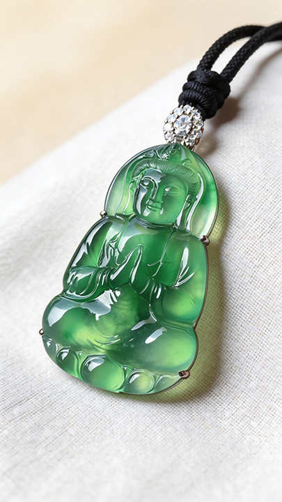 【靜心觀音】High-Ice Full Green Jadeite Guanyin Pendant