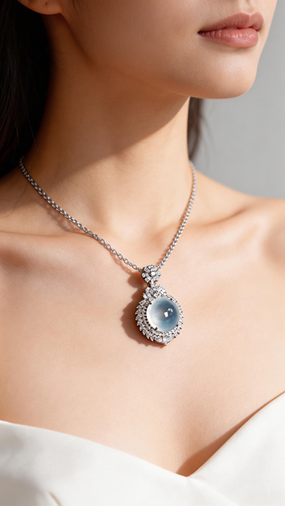 【璀璨星芒】High-Ice White Moonlight Jadeite Cabochon Pendant