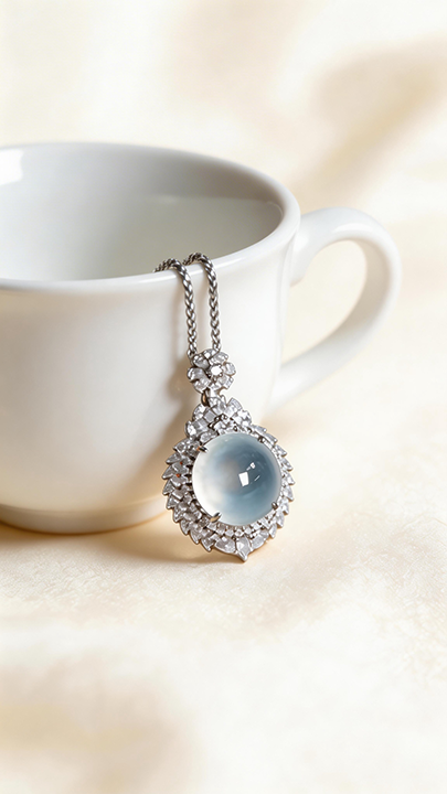 【璀璨星芒】High-Ice White Moonlight Jadeite Cabochon Pendant